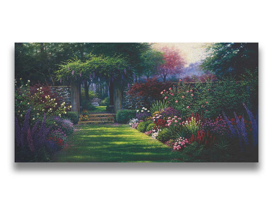 This painting depicts a grassy path leading through a tranquil garden filled with roses, carnations, lavender, and wisteria. The arch through the stone wall reveals a hidden grove of trees with a bench underneath. Printed on canvas.