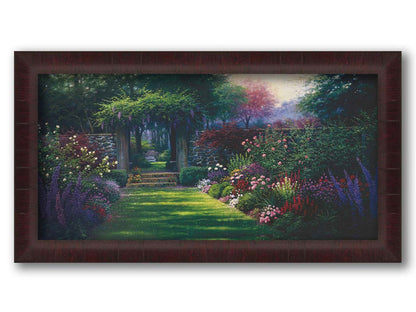 This painting depicts a grassy path leading through a tranquil garden filled with roses, carnations, lavender, and wisteria. The arch through the stone wall reveals a hidden grove of trees with a bench underneath. Printed on canvas and framed.