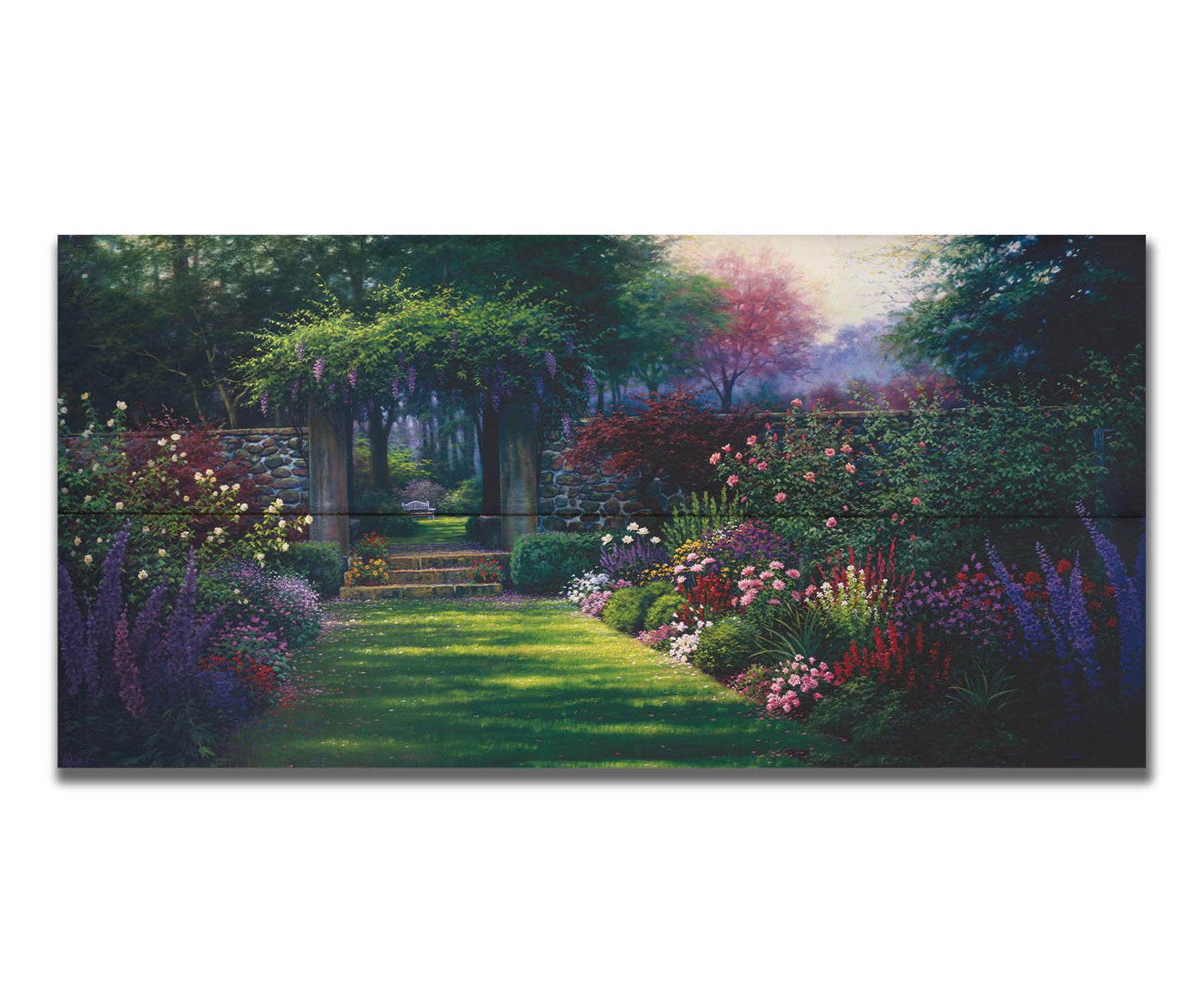 This painting depicts a grassy path leading through a tranquil garden filled with roses, carnations, lavender, and wisteria. The arch through the stone wall reveals a hidden grove of trees with a bench underneath. Printed on a box board.