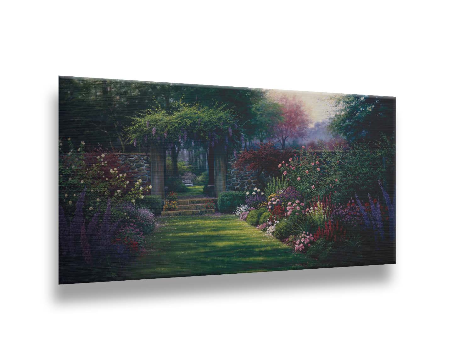 This painting depicts a grassy path leading through a tranquil garden filled with roses, carnations, lavender, and wisteria. The arch through the stone wall reveals a hidden grove of trees with a bench underneath. Printed on metal.