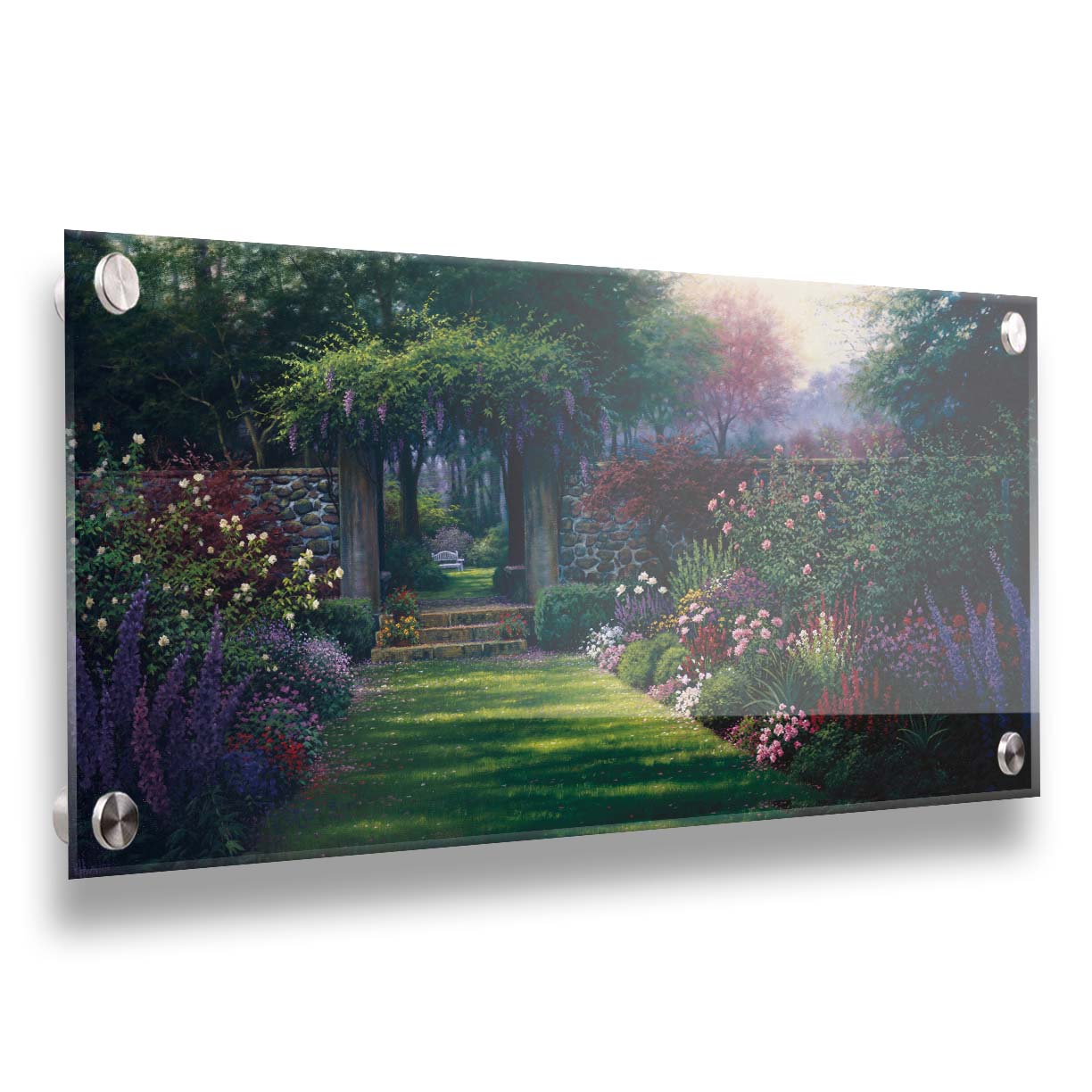 This painting depicts a grassy path leading through a tranquil garden filled with roses, carnations, lavender, and wisteria. The arch through the stone wall reveals a hidden grove of trees with a bench underneath. Printed on acrylic.