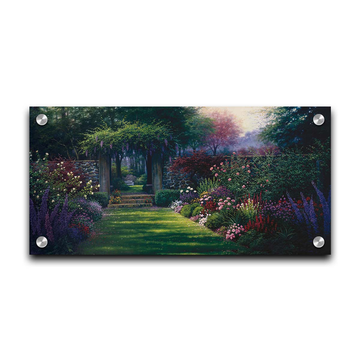 This painting depicts a grassy path leading through a tranquil garden filled with roses, carnations, lavender, and wisteria. The arch through the stone wall reveals a hidden grove of trees with a bench underneath. Printed on acrylic.