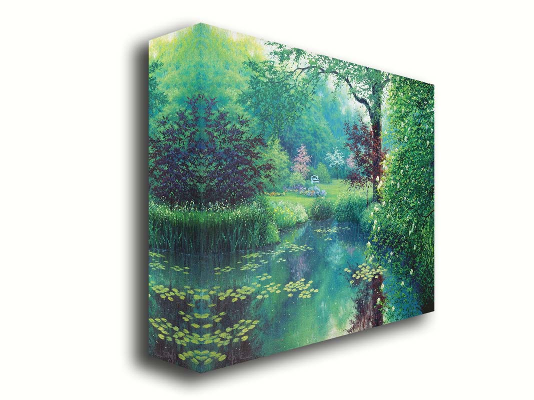 A painting of a tranquil park scene with a lilypad pond and blooming trees. Printed on canvas.