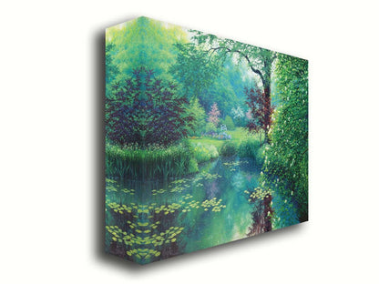 A painting of a tranquil park scene with a lilypad pond and blooming trees. Printed on canvas.