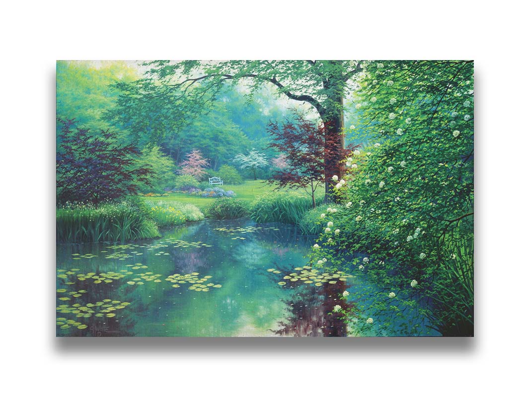 A painting of a tranquil park scene with a lilypad pond and blooming trees. Printed on canvas.