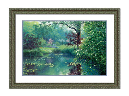 A painting of a tranquil park scene with a lilypad pond and blooming trees. Printed on paper, matted, and framed.