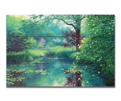 A painting of a tranquil park scene with a lilypad pond and blooming trees. Printed on a box board.