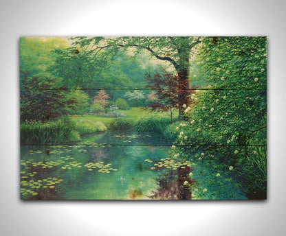 A painting of a tranquil park scene with a lilypad pond and blooming trees. Printed on a wood pallet.