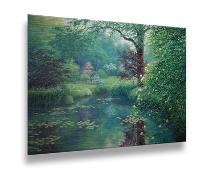 A painting of a tranquil park scene with a lilypad pond and blooming trees. Printed on metal.