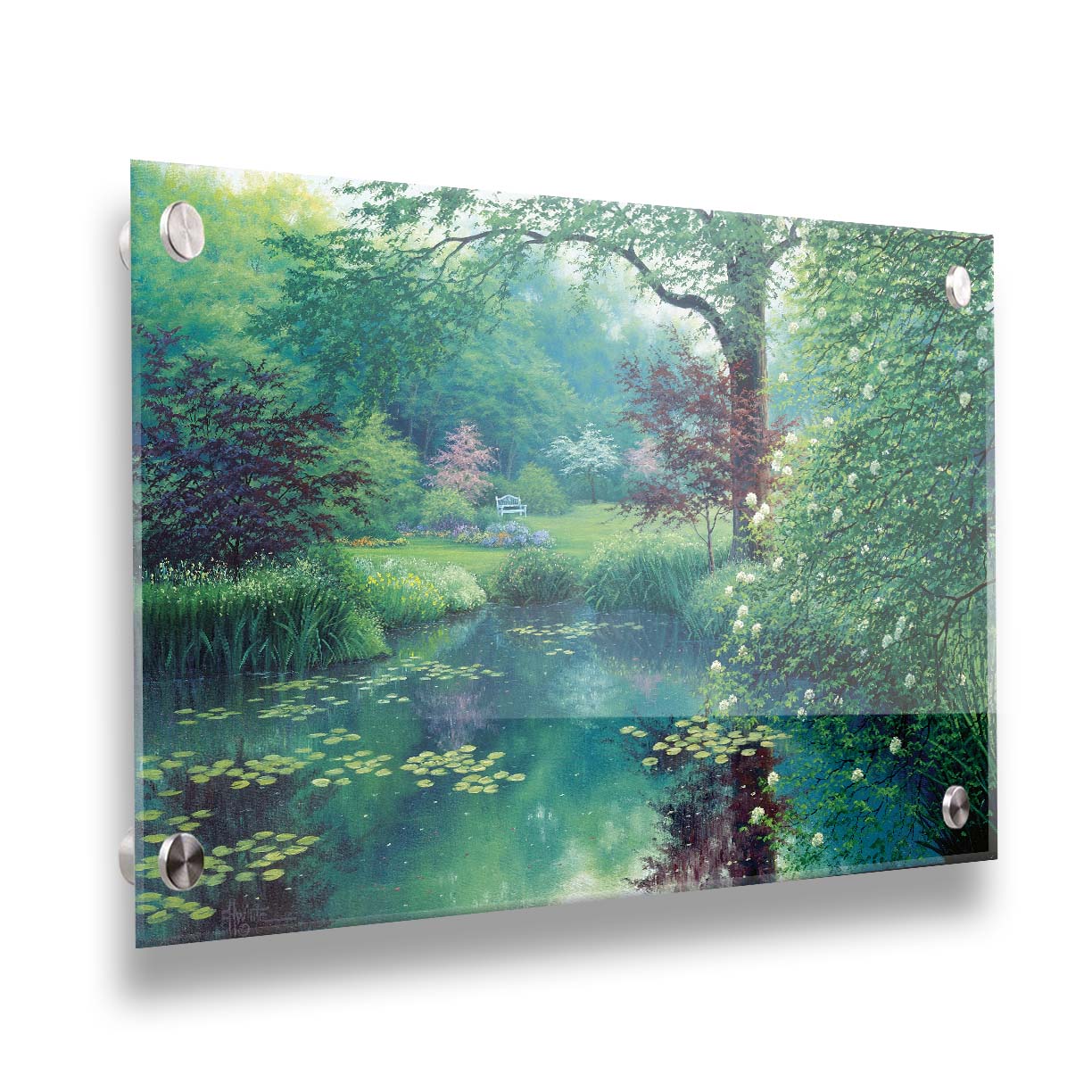 A painting of a tranquil park scene with a lilypad pond and blooming trees. Printed on acrylic.