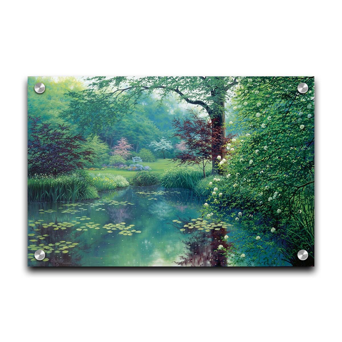 A painting of a tranquil park scene with a lilypad pond and blooming trees. Printed on acrylic.