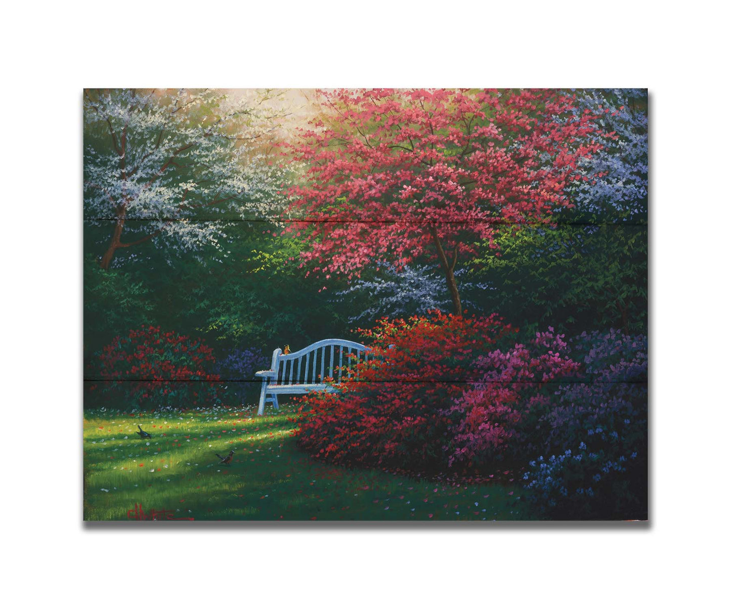 A painting of a garden bench peeking between vibrant flower bushes in red, pink, purple, and blue, all beneath pink and white blossoming trees. Printed on a box board.