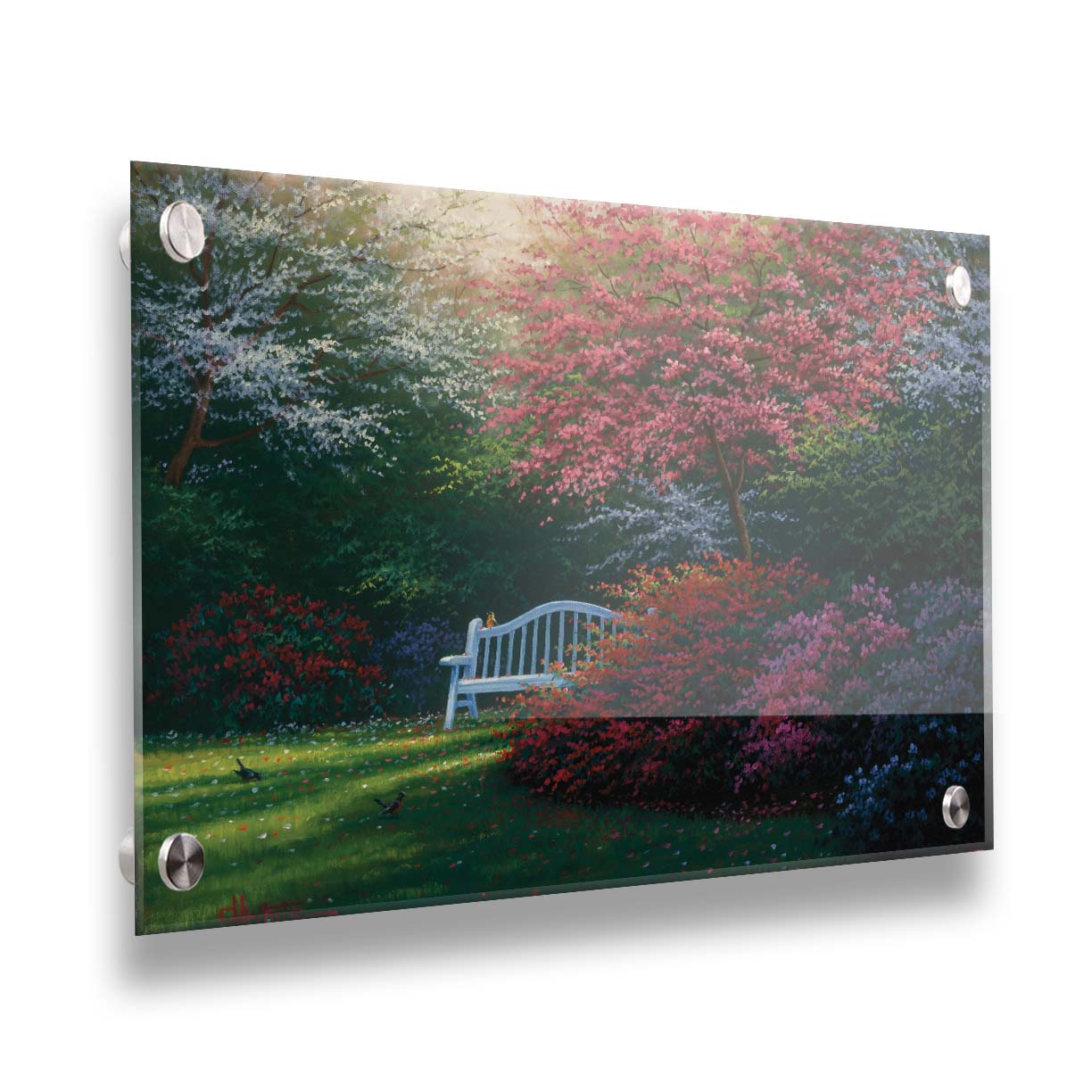 A painting of a garden bench peeking between vibrant flower bushes in red, pink, purple, and blue, all beneath pink and white blossoming trees. Printed on acrylic.