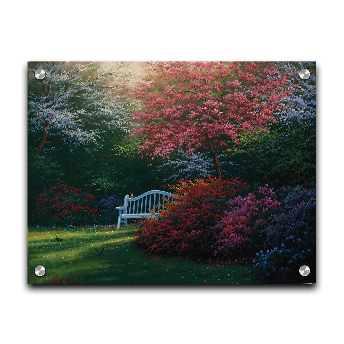 A painting of a garden bench peeking between vibrant flower bushes in red, pink, purple, and blue, all beneath pink and white blossoming trees. Printed on acrylic.