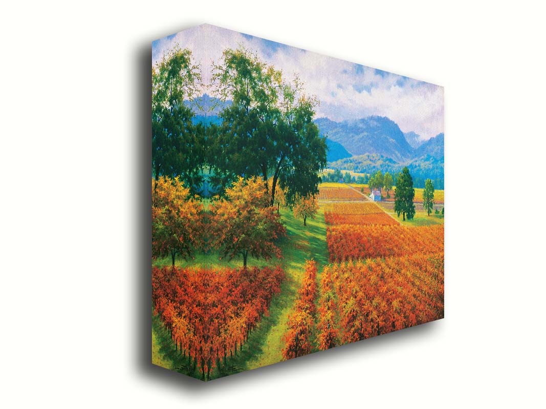 A painting of Napa Valley, California vineyards. The vibrant orange crops against the lush green grass create a picturesque landscape. Printed on canvas.