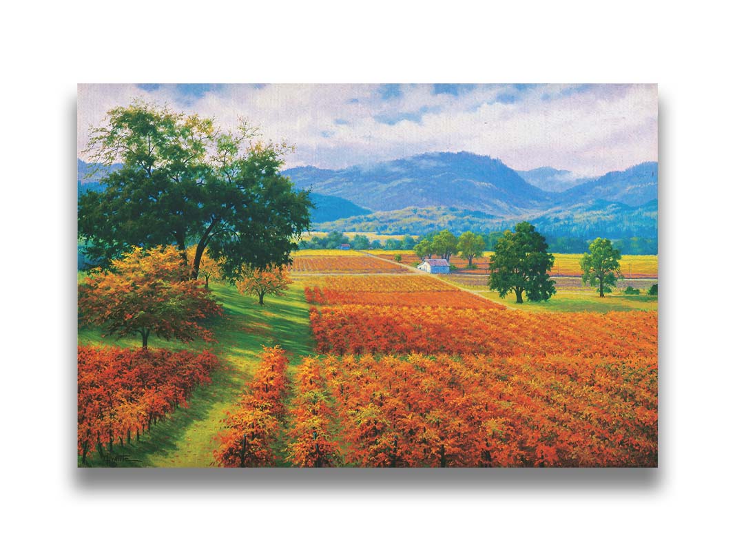 A painting of Napa Valley, California vineyards. The vibrant orange crops against the lush green grass create a picturesque landscape. Printed on canvas.