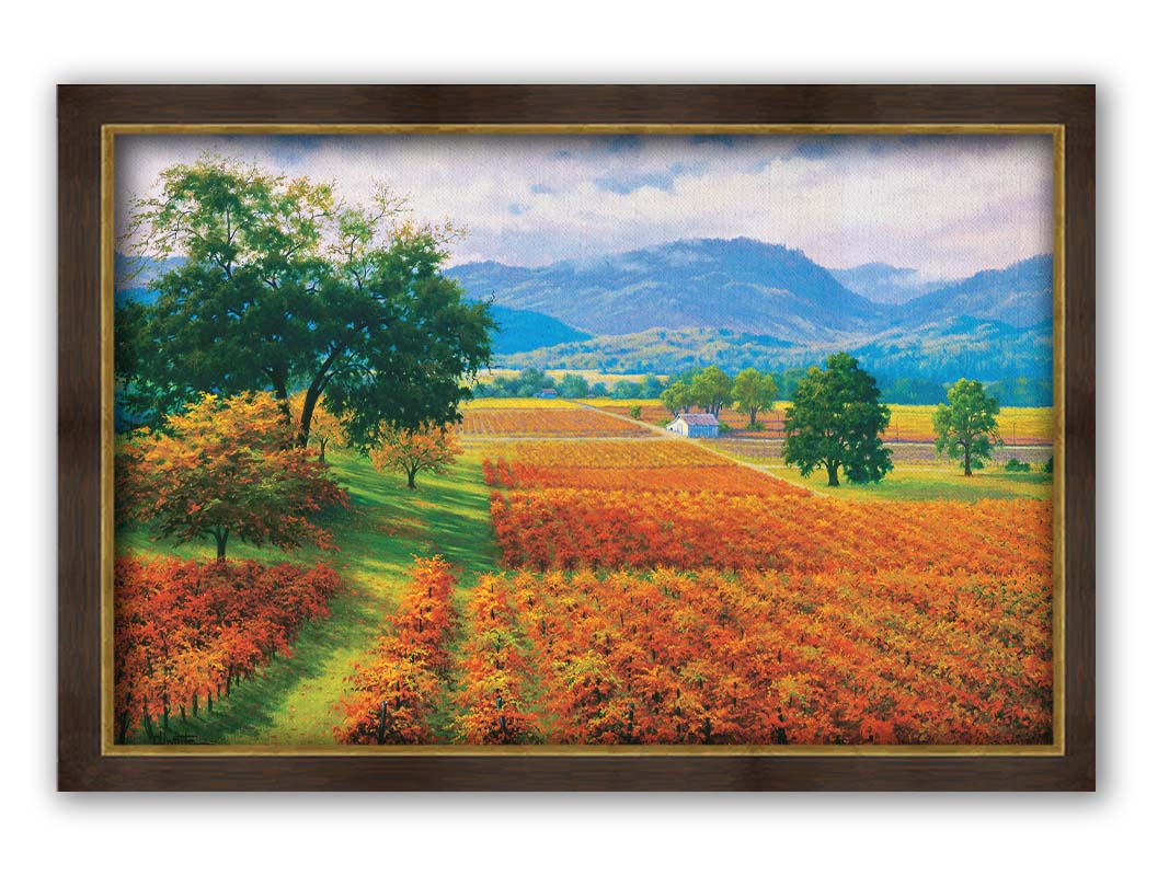 A painting of Napa Valley, California vineyards. The vibrant orange crops against the lush green grass create a picturesque landscape. Printed on canvas and framed.