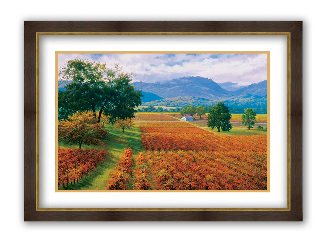 A painting of Napa Valley, California vineyards. The vibrant orange crops against the lush green grass create a picturesque landscape. Printed on paper, matted, and framed.