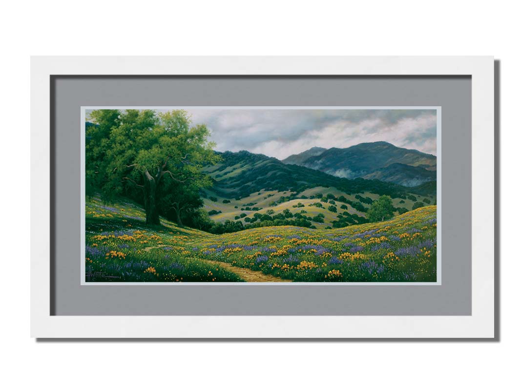 A landscape painting of Carmel Valley in California. Floral, grassy hills lead up to mountain forests. Printed on paper, matted, and framed.