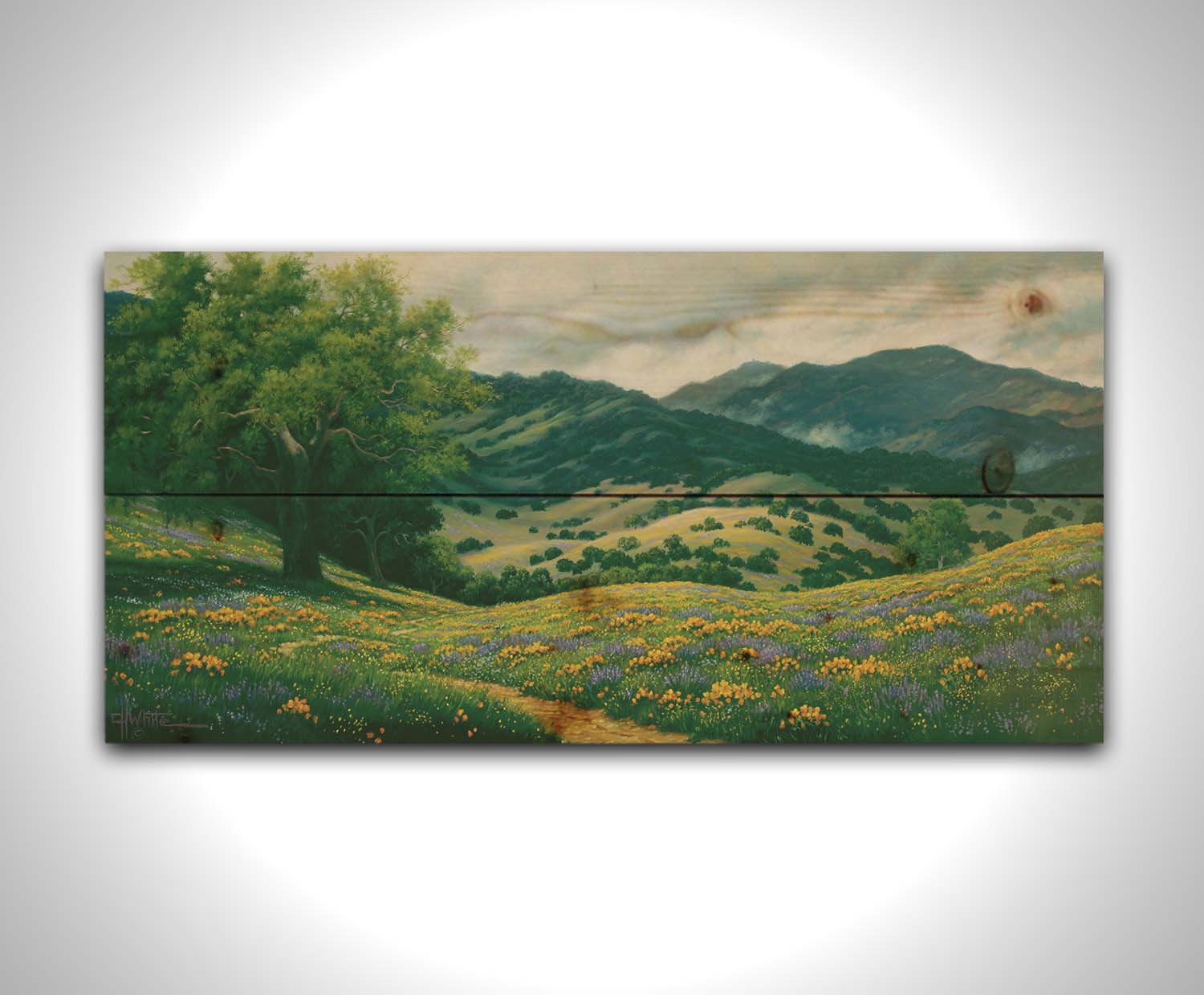 A landscape painting of Carmel Valley in California. Floral, grassy hills lead up to mountain forests. Printed on a wood pallet.