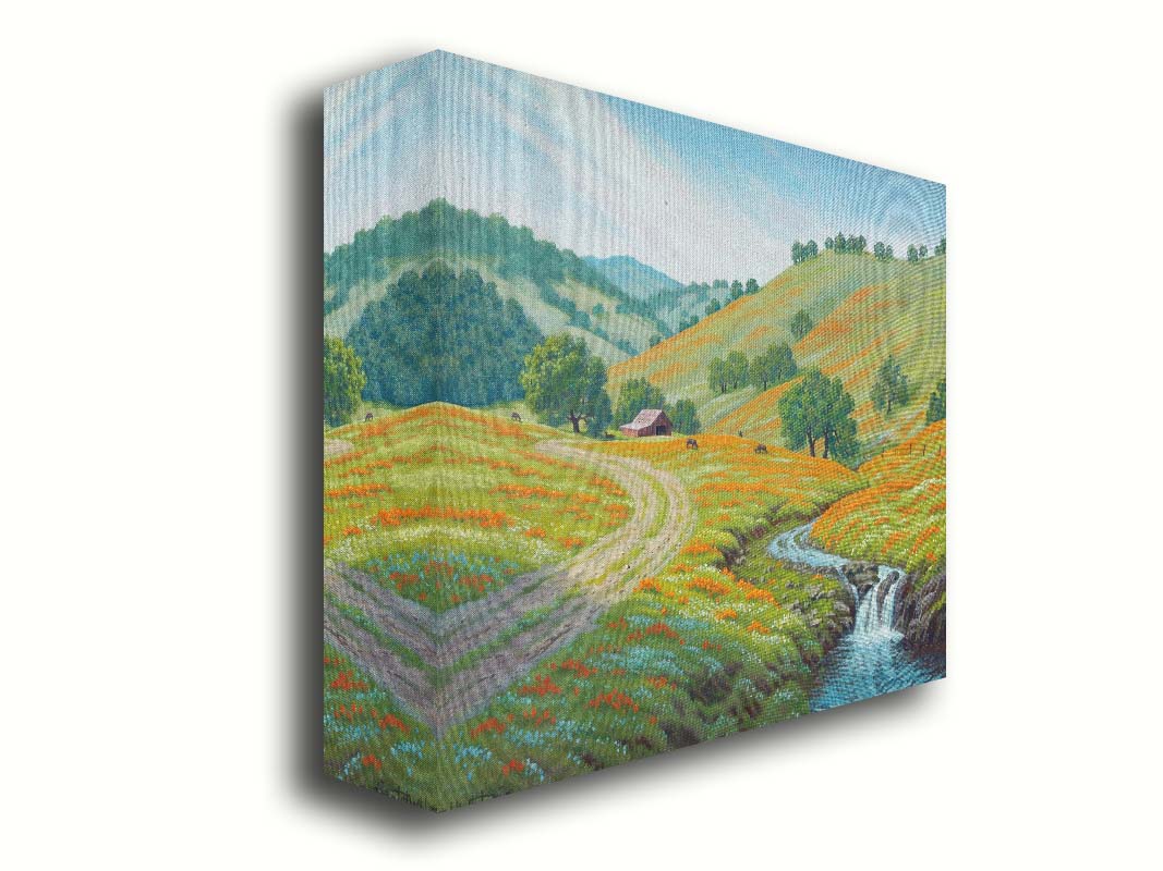 A painting of Round Valley at Mount Diablo in California. The wooded hills it is known for can be seen sprawling into the distance, with meadows of orange and white flowers. A small creek carves through the scene in parallel to a dirt path, leading up to a barn and cows. Printed on canvas.