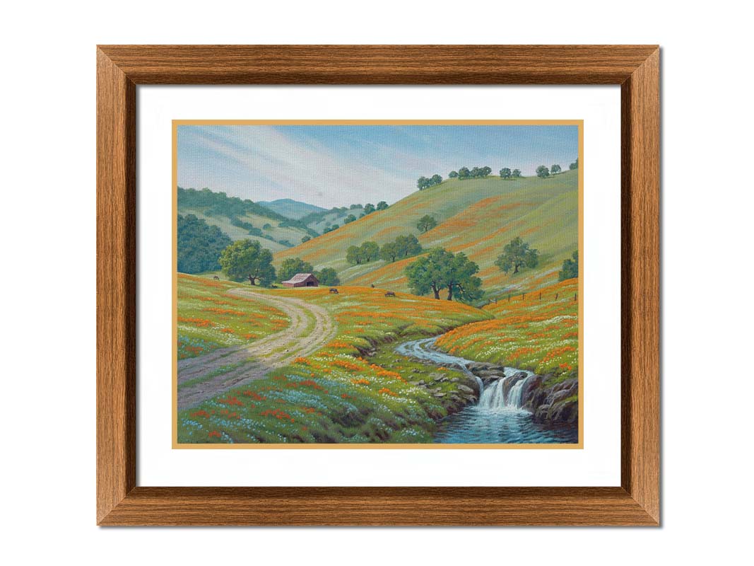 A painting of Round Valley at Mount Diablo in California. The wooded hills it is known for can be seen sprawling into the distance, with meadows of orange and white flowers. A small creek carves through the scene in parallel to a dirt path, leading up to a barn and cows. Printed on paper, matted, and framed.