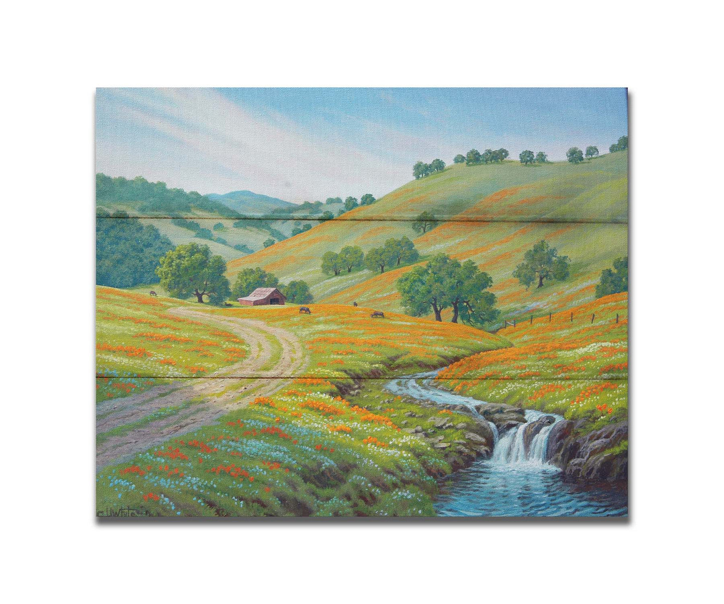 A painting of Round Valley at Mount Diablo in California. The wooded hills it is known for can be seen sprawling into the distance, with meadows of orange and white flowers. A small creek carves through the scene in parallel to a dirt path, leading up to a barn and cows. Printed on a box board.