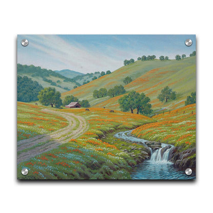 A painting of Round Valley at Mount Diablo in California. The wooded hills it is known for can be seen sprawling into the distance, with meadows of orange and white flowers. A small creek carves through the scene in parallel to a dirt path, leading up to a barn and cows. Printed on acrylic.