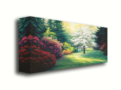 A painting of a park during a spring morning. Bushes and trees are blossoming with colorful flowers, and dark deep evergreens which contrast the warm morning light. Printed on canvas.