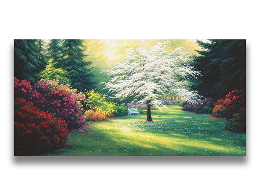 A painting of a park during a spring morning. Bushes and trees are blossoming with colorful flowers, and dark deep evergreens which contrast the warm morning light. Printed on canvas.