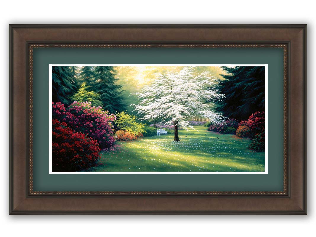 A painting of a park during a spring morning. Bushes and trees are blossoming with colorful flowers, and dark deep evergreens which contrast the warm morning light. Printed on paper, matted, and framed.