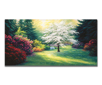 A painting of a park during a spring morning. Bushes and trees are blossoming with colorful flowers, and dark deep evergreens which contrast the warm morning light. Printed on a box board.