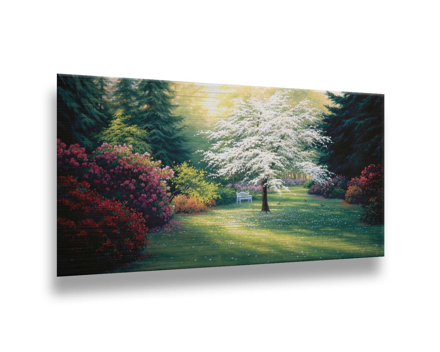 A painting of a park during a spring morning. Bushes and trees are blossoming with colorful flowers, and dark deep evergreens which contrast the warm morning light. Printed on metal.