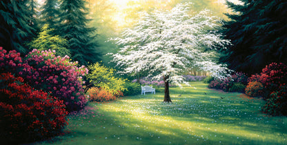 A painting of a park during a spring morning. Bushes and trees are blossoming with colorful flowers, and dark deep evergreens which contrast the warm morning light.