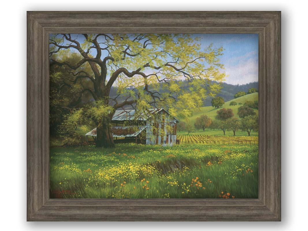 A painting of a green spring scene of an old barn nestled between a vineyard and a flowery meadow, with forested hills in the distance. Printed on canvas and framed.