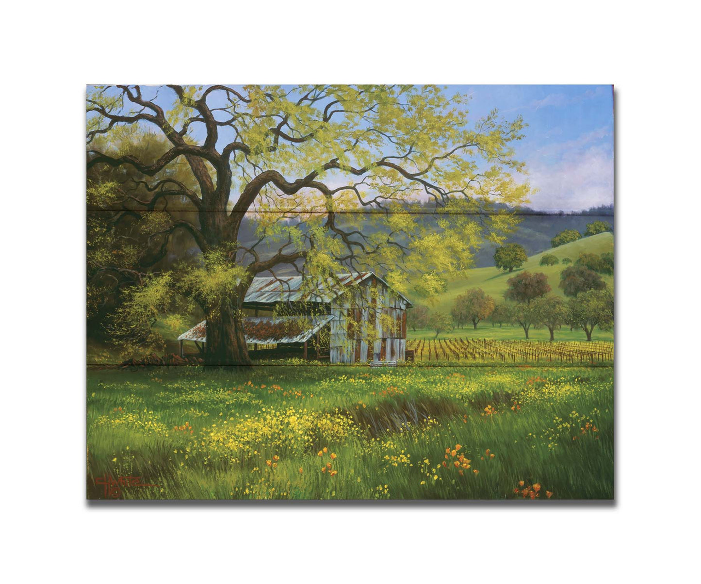 A painting of a green spring scene of an old barn nestled between a vineyard and a flowery meadow, with forested hills in the distance. Printed on a box board.