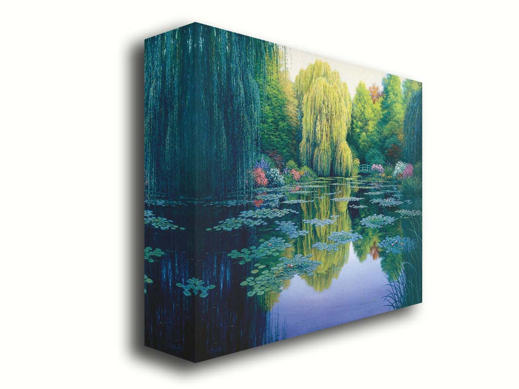 A painting of the pond at Claude Monet's garden at Giverny, France. Lily pads are scattered all across the pond, which is surrounded by willow trees and flower bushes. Printed on canvas.