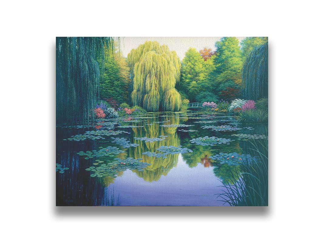 A painting of the pond at Claude Monet's garden at Giverny, France. Lily pads are scattered all across the pond, which is surrounded by willow trees and flower bushes. Printed on canvas.