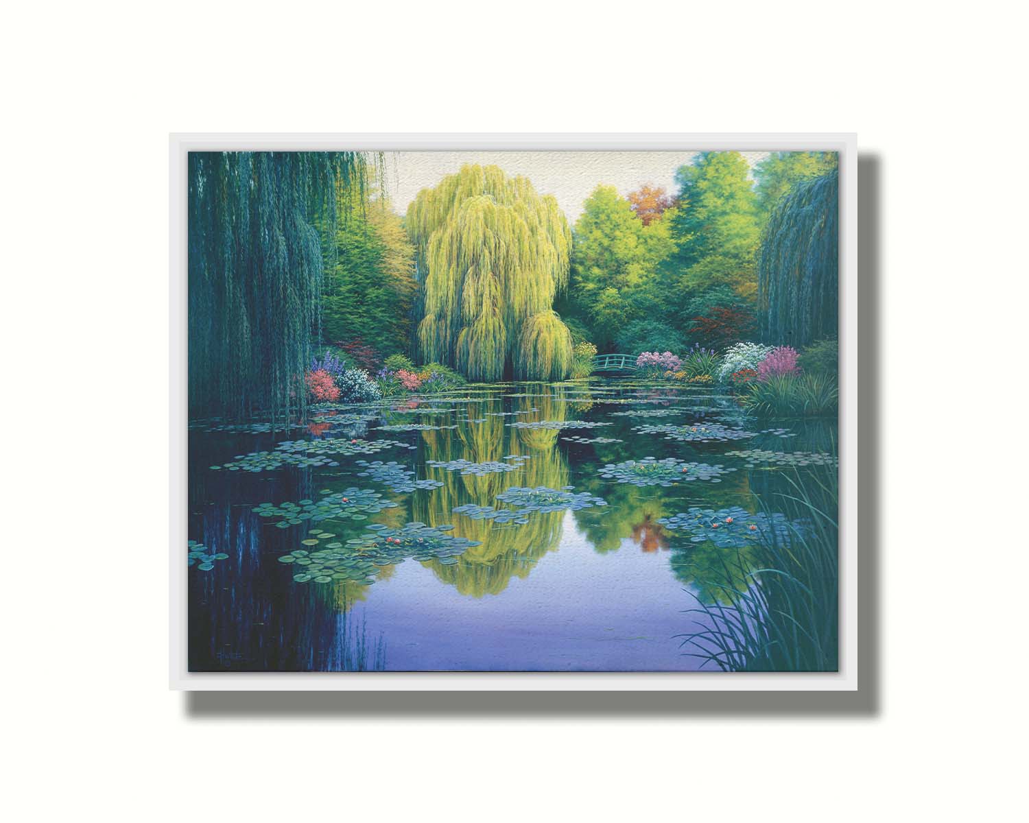 A painting of the pond at Claude Monet's garden at Giverny, France. Lily pads are scattered all across the pond, which is surrounded by willow trees and flower bushes. Printed on canvas in a float frame.