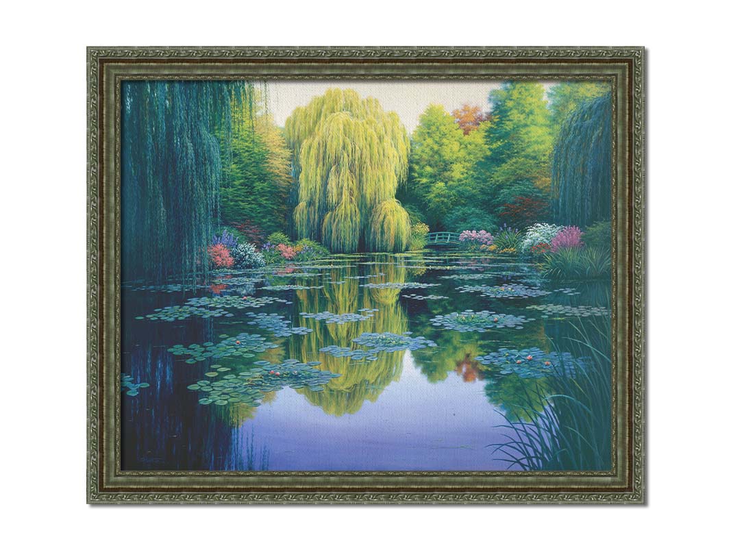 A painting of the pond at Claude Monet's garden at Giverny, France. Lily pads are scattered all across the pond, which is surrounded by willow trees and flower bushes. Printed on canvas and framed.