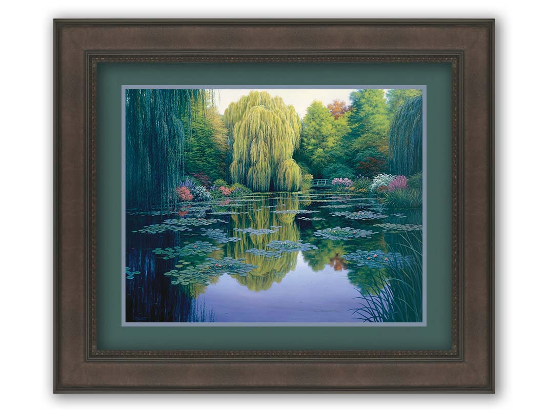 A painting of the pond at Claude Monet's garden at Giverny, France. Lily pads are scattered all across the pond, which is surrounded by willow trees and flower bushes. Printed on paper, matted, and framed.