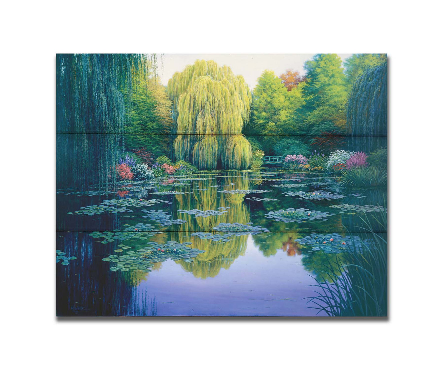 A painting of the pond at Claude Monet's garden at Giverny, France. Lily pads are scattered all across the pond, which is surrounded by willow trees and flower bushes. Printed on a box board.