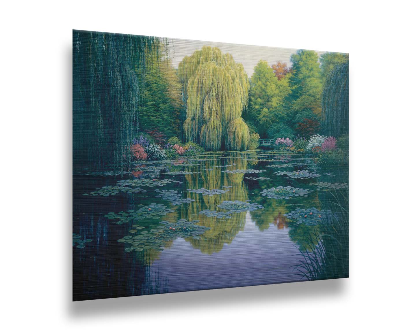 A painting of the pond at Claude Monet's garden at Giverny, France. Lily pads are scattered all across the pond, which is surrounded by willow trees and flower bushes. Printed on metal.