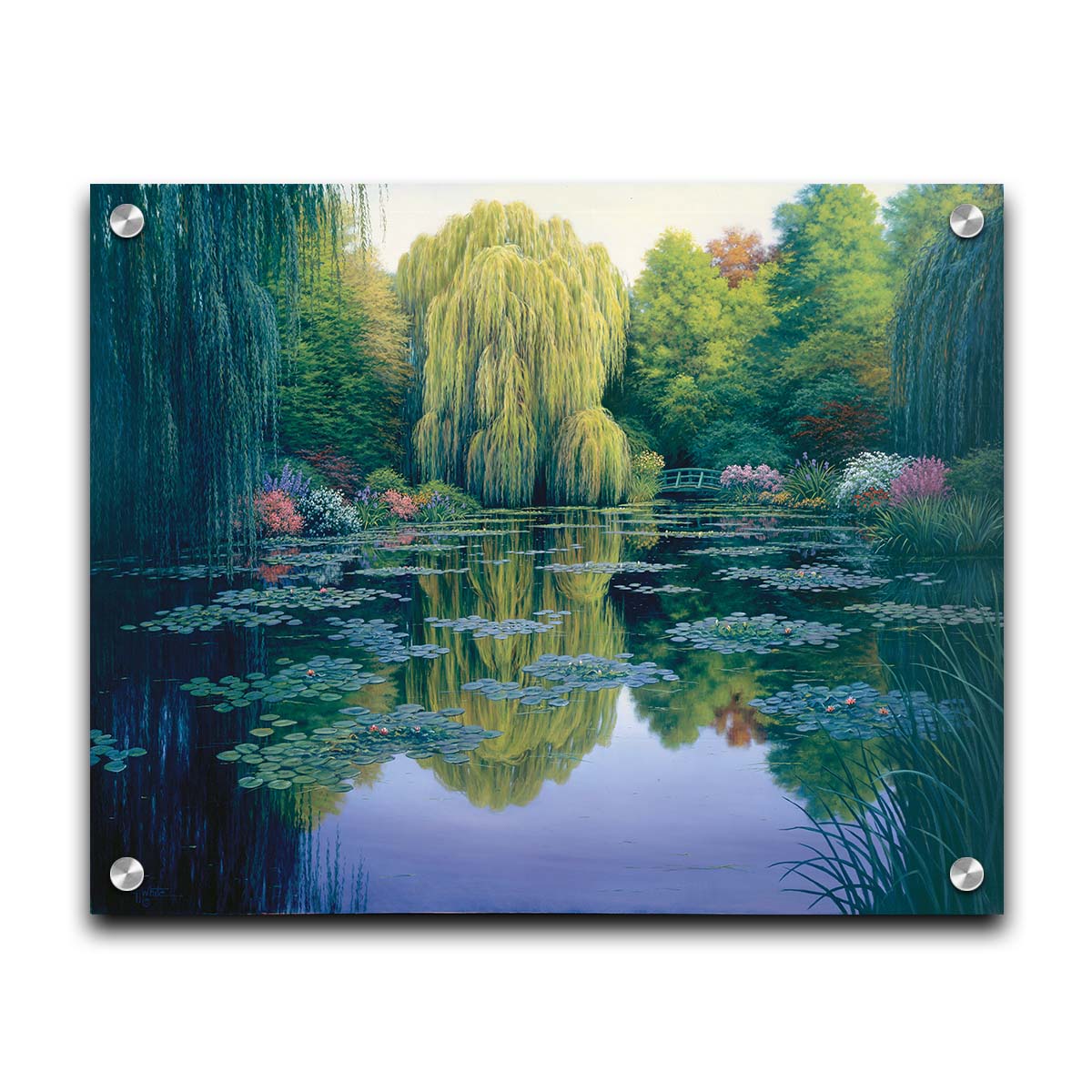 A painting of the pond at Claude Monet's garden at Giverny, France. Lily pads are scattered all across the pond, which is surrounded by willow trees and flower bushes. Printed on acrylic.