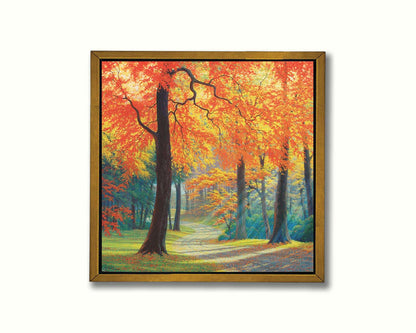 A painting of a gravel road through a fall forest. Sunbeams shine through evergreens and vibrant orange trees. Printed on canvas in a float frame.