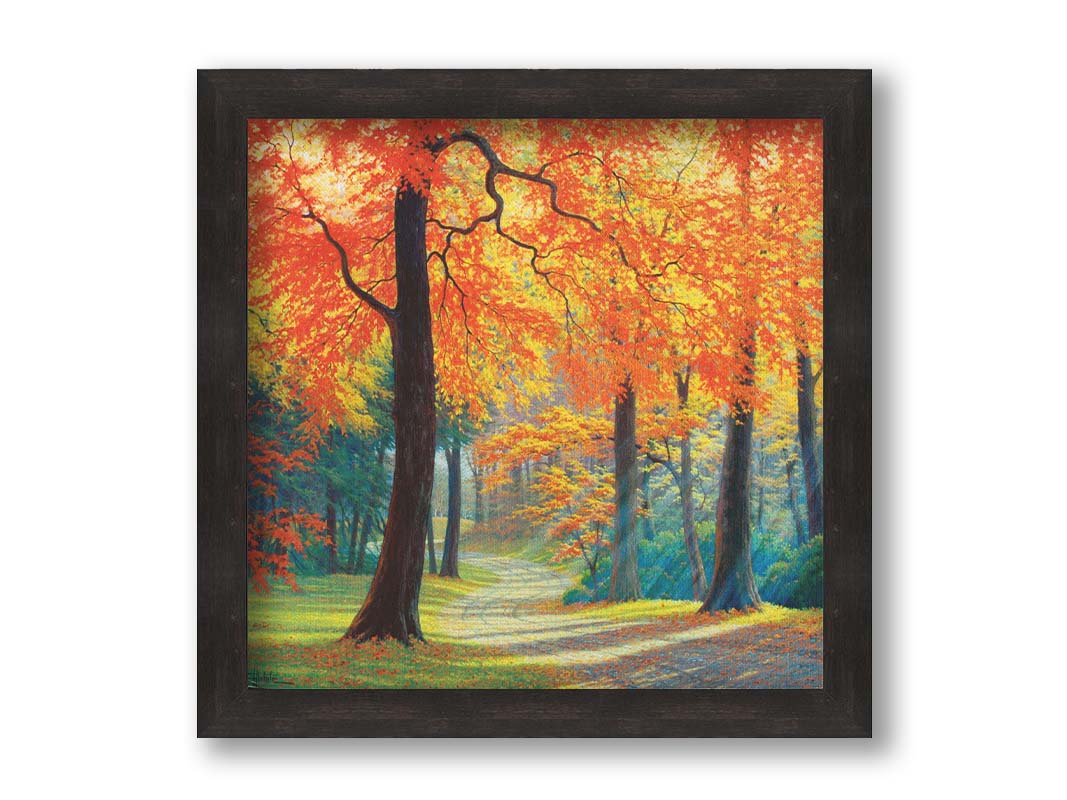 A painting of a gravel road through a fall forest. Sunbeams shine through evergreens and vibrant orange trees. Printed on canvas and framed.