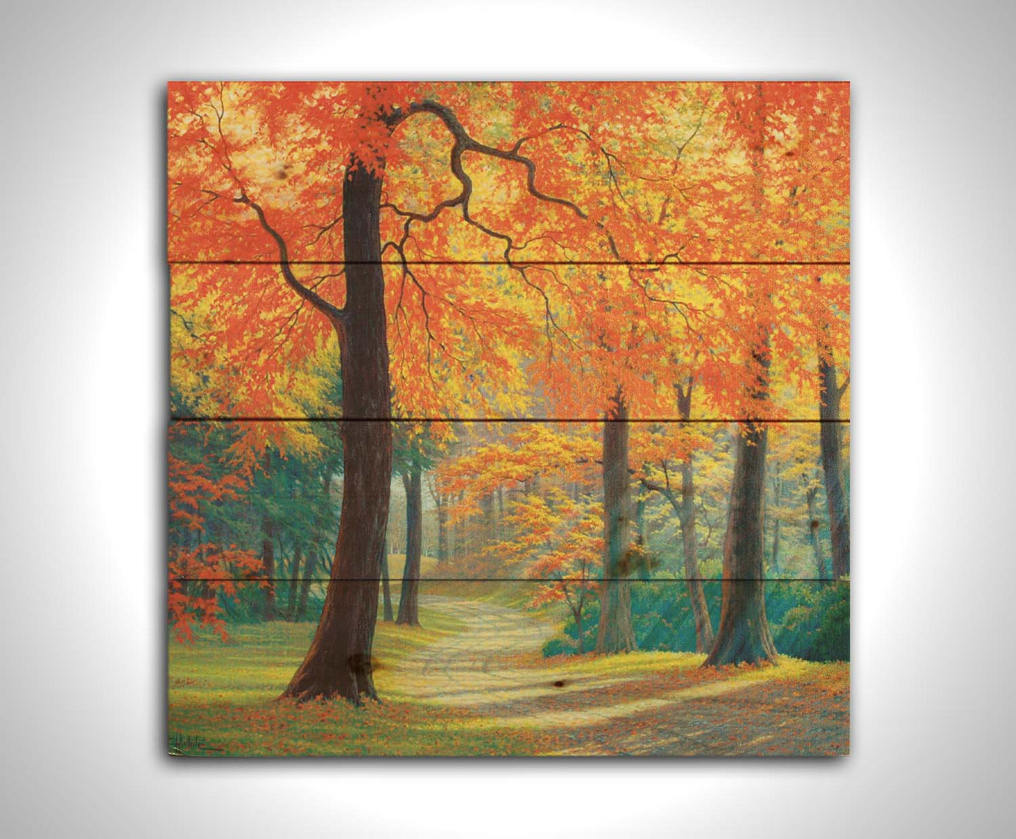 A painting of a gravel road through a fall forest. Sunbeams shine through evergreens and vibrant orange trees. Printed on a wood pallet.