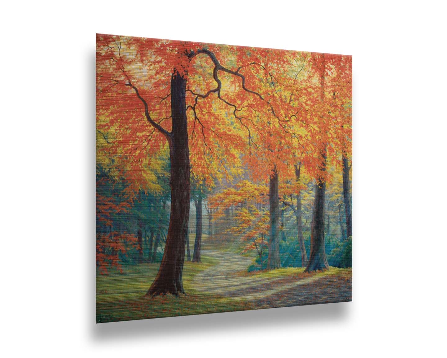 A painting of a gravel road through a fall forest. Sunbeams shine through evergreens and vibrant orange trees. Printed on metal.