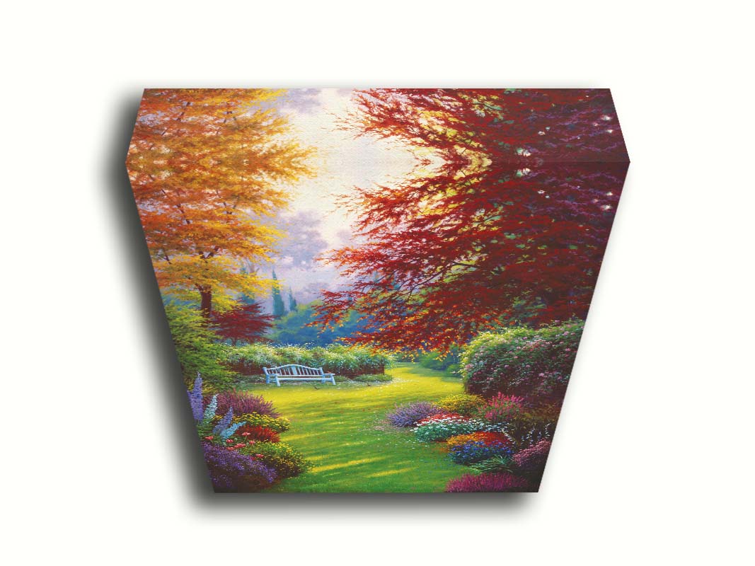 A painting of a garden of flowers in all colors. Central is a verdant path leading to a bench, surrounded by little birds searching for food. Printed on canvas.