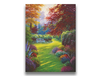 A painting of a garden of flowers in all colors. Central is a verdant path leading to a bench, surrounded by little birds searching for food. Printed on canvas.